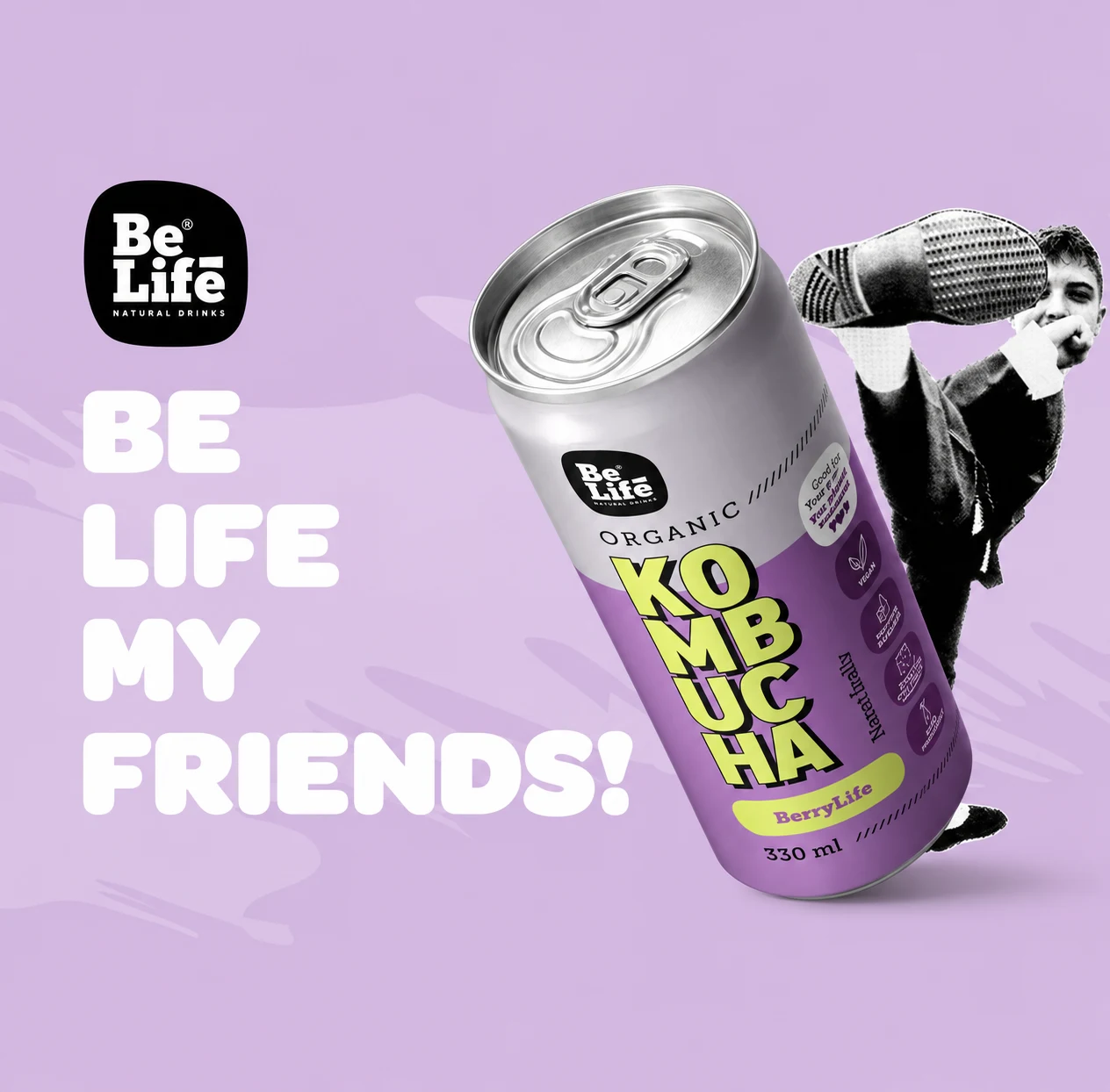 BeLife organic kombucha product artwork.
